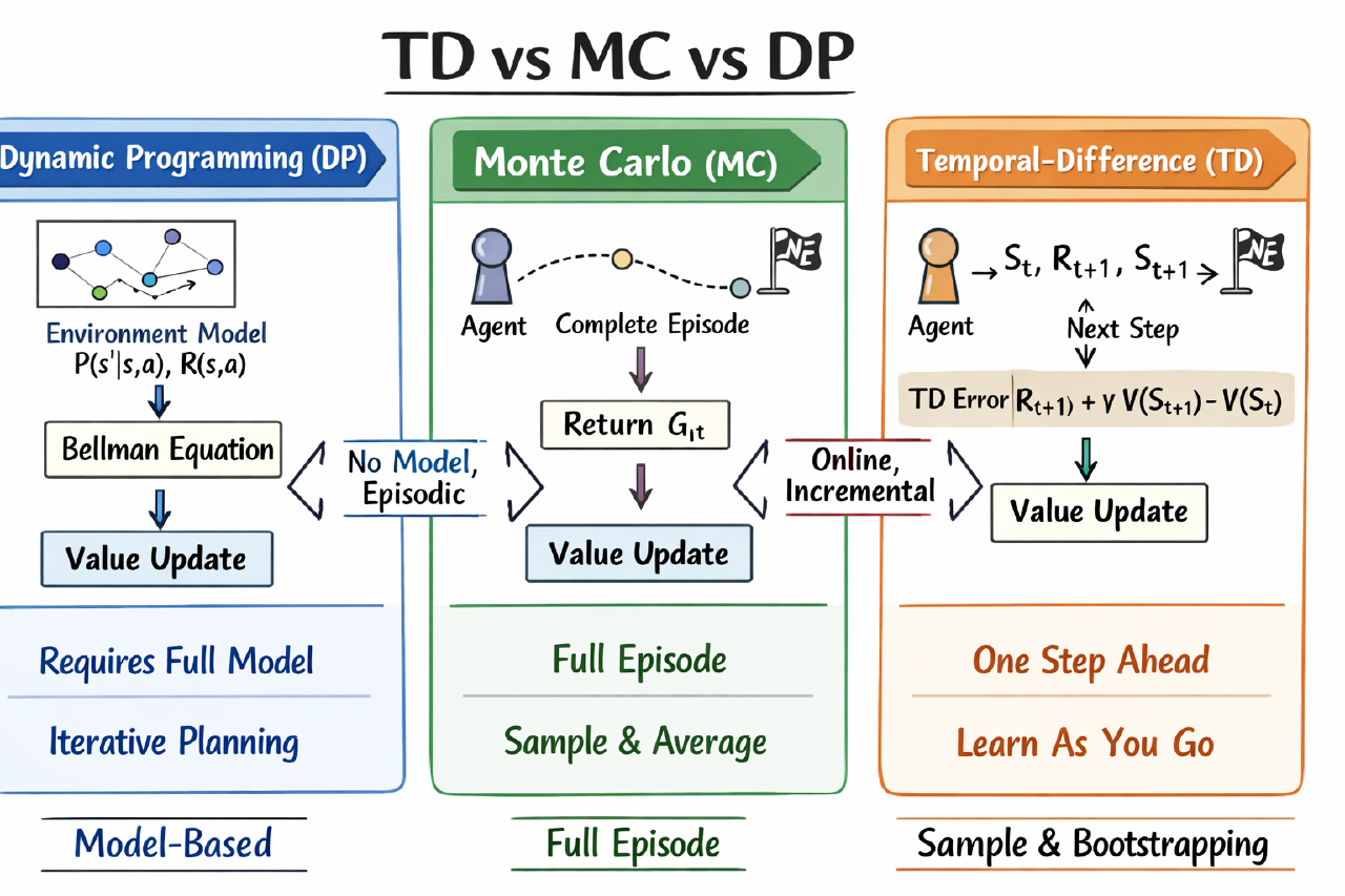 Comparison between TD, MC and DP.
